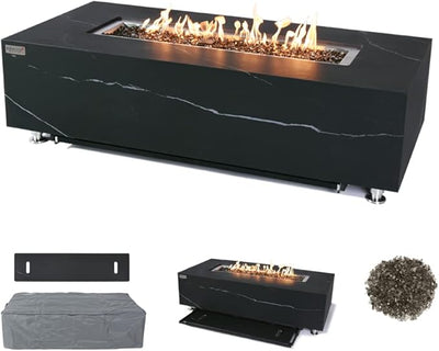 Elementi Plus Varna Natural Gas Fire Pit Outside Outdoor Fire Pit Table Smokeless Firepit Marble Porcelain Rectangular Fire Table Patio Heater Fireplace 60000 BTUs - Bulgaria Black, 59.8 x 28 Inches