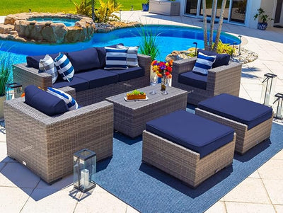 Sorrento 6-Piece L Resin Wicker Outdoor Patio Furniture Lounge Sofa Set in Gray w/Sofa, Two Armchairs, Two Ottomans, and Coffee Table (Flat-Weave Gray Wicker, Sunbrella Canvas Navy)