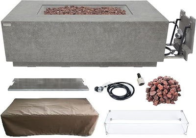 Elementi Andes Propane Gas Fire Pit Table Bundle Cast Concrete with Concealed pullout Propane Tank Storage Drawer | Electronic Ignition | Canvas Cover, Lava Rock Included | Light Gray (Propane Gas)