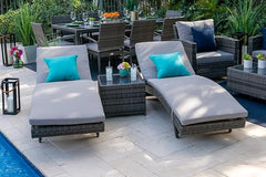 Bari 16-Piece Combination Outdoor Patio Furniture Set (L) in Mixed Gray w/Sofa Set, Eight-seat Dining Set, and Chaise Lounge Set