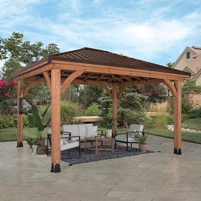 Backyard Discovery Barrington 14 ft. x 10 ft. Hip Roof Cedar Wooden Gazebo Pavilion, Shade, Rain, Hard Top Steel Metal Roof, All Weather Protected, Wind Resistant up to 100 mph, Holds up to 7,600 lbs