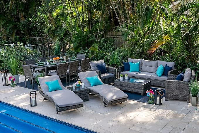 Bari 16-Piece Combination Outdoor Patio Furniture Set (L) in Mixed Gray w/Sofa Set, Eight-seat Dining Set, and Chaise Lounge Set