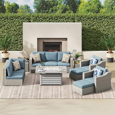 12 Piece Large Outdoor Furniture Set, 9 Seater Wicker Patio Furniture Set w/52 Fire Pit Table Outside, All Weather Deck Wicker Conversation Set with 4 Sofa Seats, 2 Ottomans & 2 Side Table, MS306